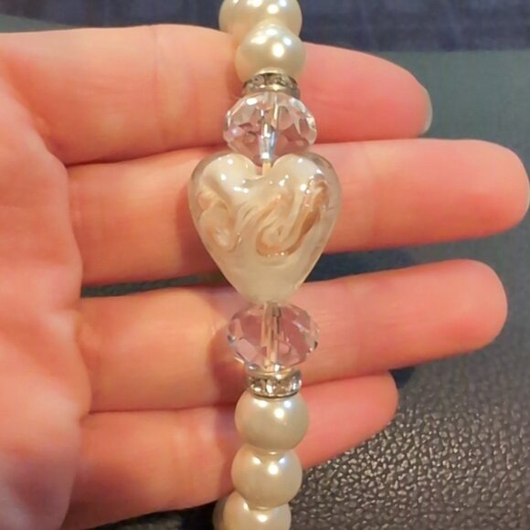 Murano Glass Look Heart Stretch Bracelet Faux Pearl Beaded Rhinestone - Picture 6 of 9